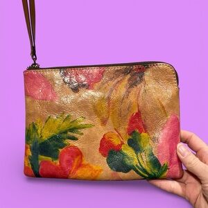 Cute Patricia Nash floral camel leather pochette wristlet zipper pouch wallet